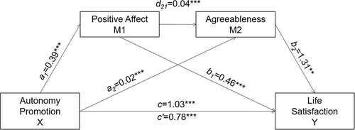 Figure 3 Model of multiple serial mediation for autonomy promotion.