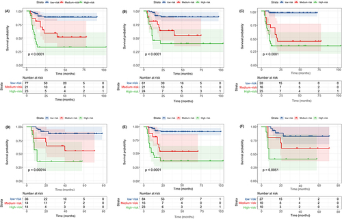 Figure 6 Kaplan–Meier curve of OS of DLBCL patients in different subgroups stratified according to risk stratification system in the training cohort. (A) OS of age >60; (B) OS of Ann Arbor Stage III/IV; (C) OS of LDH≥ 245U/L; (D) OS of BCL2 ≥50%; (E) OS of MYC ≥40%; (F) OS of MYC ≥40% and BCL2 ≥50%.