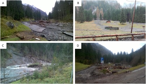 Figure 3. Examples of the effects of the Vaia extreme event in the Liera Catchment: A) effect of the flood in the main channel; B) debris-flow deposits on the fan of a tributary channel; C) landslide on the bank of the Liera stream; D) overbank deposits of the Liera stream including large wood.