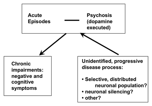 Figure 1. Schematic drawing of the hypothesized flow of the progressive schizophrenia disease process. A yet unidentified dysfunctionality progresses through a process that does not involve massive neuronal cell death but reflect an unidentified mechanism of permanent neuronal silencing, eventually confined to a selected neuronal population. While progressing, the lesion leads intermittently to acute symptoms.