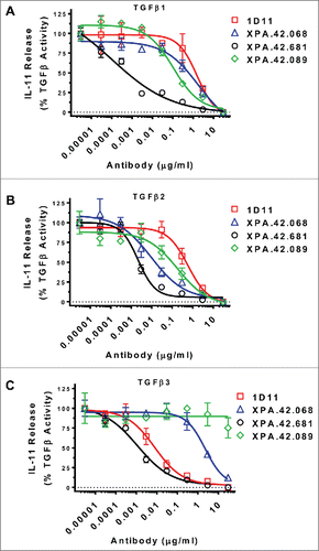 Figure 3. Antibody Neutralization of TGFβ Stimulated IL-11 release from A549 Cells. A549 cells were treated with a fixed dose of TGFβ1, 2, or 3 (EC80 level) in the presence of neutralizing antibody titrations. After 24 hours at 37°C, IL-11 levels in cell culture supernatants were measured by ELISA. Values are reported as percent of a no antibody control.