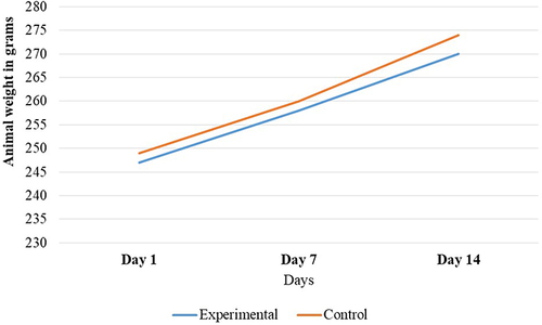 Figure 1 Effects of single dose oral administration of J. schimperiana leaves extract on body weight change in female rats.