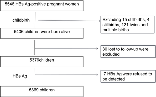 Figure 1 Technology roadmap. A total of 5546 HBsAg-positive pregnant women were enrolled in this study. Among them, 140 women with twin or multiple births or stillbirths were excluded, and 37 women were lost to follow-up after delivery. Final inclusion of 5369 pregnant women and their singleton liveborn children.