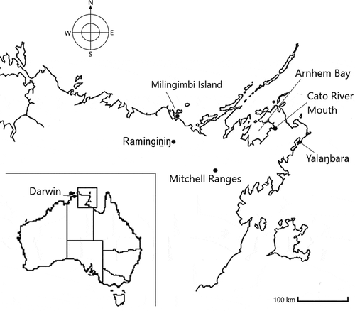 Figure 1. Map showing the location of East Arnhem Land, Milingimbi Island, and the other locations discussed in the Yolŋu Aboriginal water story