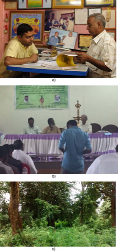 Figure 1. Sources and sites of power. (a) Source of power – photographs of famous patients, felicitation and commendations received. Photo credit: BR Rajeev, 2016. (b) Site of power- a meeting of healers. Photo credit: Maya Elias, 2016. (c) Site of power – a sacred grove in Tamil Nadu. Photo credit: BR Rajeev, 2016.