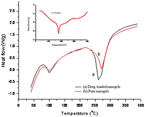 Figure 3. DSC analysis of (a) drug-loaded NGs (b) placebo NGs, and (c) curcumin.