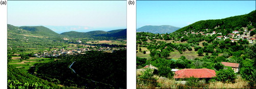 Figure 5. (a) The polje of Valsamata; (b) Karst depression on the extensive planation surface of Erissos Peninsula.