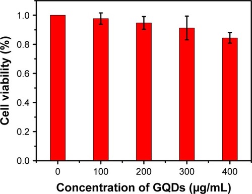 Figure 5 Cell viability of HeLa cancer cells after incubation with GQDs at different concentrations after 24 hours.Abbreviation: GQDs, graphene quantum dots.