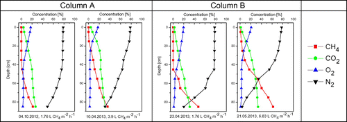 Figure 5. Gas profiles of column A and column B at a load of 30 g CH4 m−2 day−1 (1.76 l CH4 m−2 h−1, column A and B-left), 67 g CH4 m−2 day−1 (3,9 l CH4 m−2 h−1,column A-right) and 117 g CH4 m−2 day−1 (6.83 l CH4 m−2 h−1,column B-right).