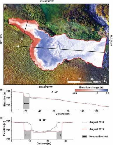 Figure 3. (a) Surface elevation changes within the affected area between 25 August 2018 and 23 August 2019 derived from two unmanned aerial vehicle (UAV)-based surveys. (b), (c) The surface elevation through the most active parts of the retrogressive thaw slumps (RTS) along the profile lines indicated in (a).