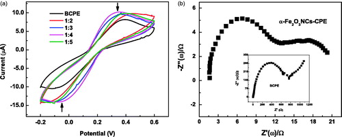 Figure 3. (a) CVs of α-Fe2O3 NC-modified CPE and BCPE in 10 mM of Fe(CN)63−/4− solution measured at a scan rate of 50 mV s−1; (b) Electrochemical impedance spectra of α-Fe2O3NCs–CPE in 10 mM of Fe(CN)63−/4− at a polarization potential of 0.2 V in a frequency range of 1–106 Hz. Inset shows corresponding spectra of BCPE.