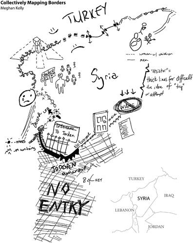 FIGURE 10 A collective sketch map of Syria mosaicked from alternative border symbols (see Kelly [Citation2016] for an expanded discussion). A collective sketch map of Syria mosaicked from alternative border symbols.