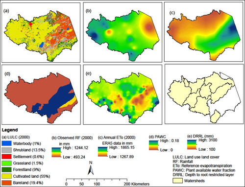 Figure 3. Spatial distribution of the input data for estimating the green and blue water flows of the upper Awash basin for the year 2000.
