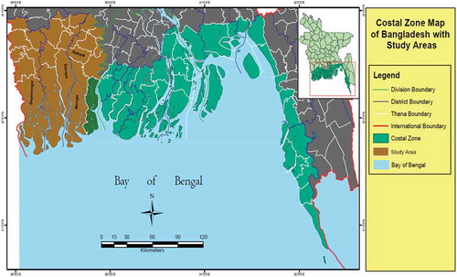 Figure 2. Map showing study areas (brown) in the coastal districts of Bangladesh.