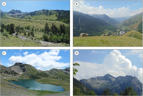 Figure 3. Examples of the different glacial landforms identified in the area: (A) lateral moraine around 1600 m at the Nère Valley; (B) E-W perspective of the main Garonne Valley with an erratic boulder of granite distributed on a slate outcrop above Salardú village; (C) glacial lake distributed in an overdeepened basin at the Unhòla Valley; (D) glacial cirque of the Montardo Peak at the Valarties Valley.