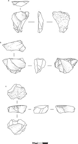 Figure 9. EDAR 135, upper level. Artefacts collected before the excavations from the site’s surface and profile: (a) discoidal core; (b–c) multiplatform cores. All in quartz. Drawings by M. Ehlert.