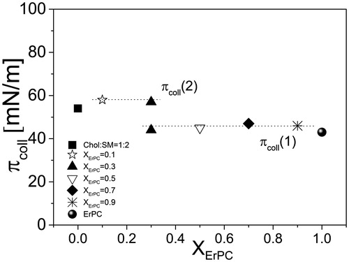 Figure 4. Collapse pressure values vs. film composition for monolayer mimicking lipid raft and ErPC.