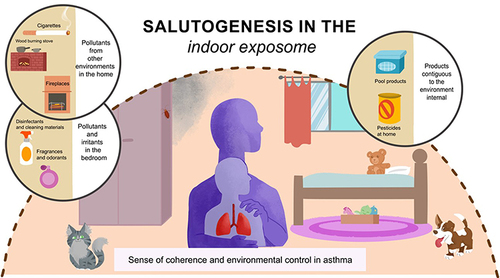 Figure 3 Home scenario with possible allergens, pollutants and harmful inhalation irritants for the child with asthma, highlighting the role of the caregiver, under the salutogenic perspective.
