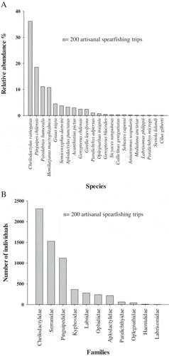 Figure 2. Relative abundances of (A) fish species (including the Yellowtail Jack Seriola lalandi, Corvina Drum Cilus gilberti, Chilean Clingfish Sicyases sanguineus, Tomoyos Calliclinus geniguttatus, and Cape Redfish Sebastes capensis; see Table 2 for common names of the remaining species) and (B) fish families targeted by artisanal spearfishers in Chile.