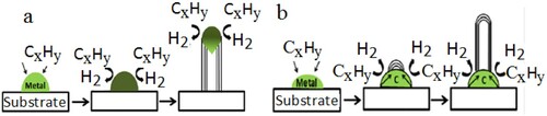 Figure 8. Interaction strength between catalyst particles and substrate CNTs growth: (a) tip-growth (b) base-growth model.
