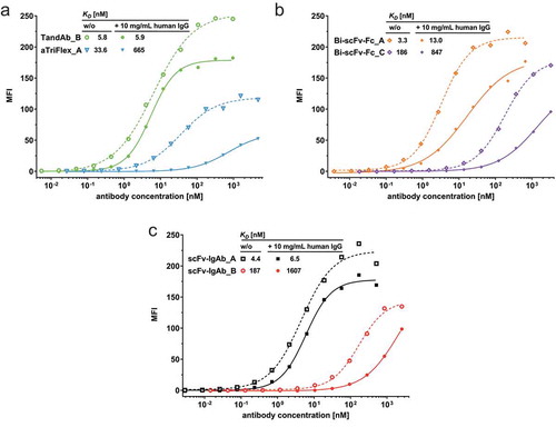 Figure 6. Binding of ROCK® antibodies to primary human NK cells in the presence or absence of human IgG. Primary human NK cells were stained with increasing concentrations of the indicated (a) Fc-less ROCK®, (b) Fc fusion ROCK®, (c) IgG-like ROCK® constructs in the presence or absence of 10 mg/mL polyclonal human IgG at 37°C. Cell bound antibodies were detected by flow cytometry, and median fluorescence intensities (MFI) were used for calculation of apparent affinities (KD) by non-linear regression.