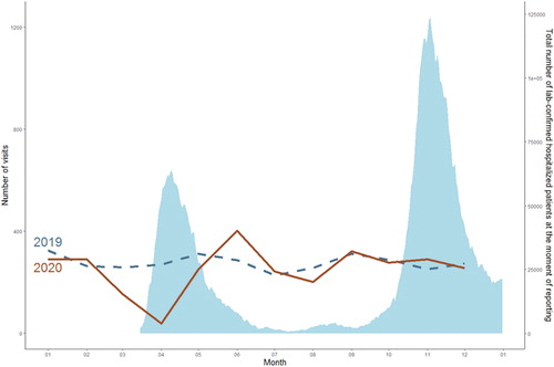 Figure 1 Number of Covid-19 infected patients in hospital per day in 2020 in the Province of Liège and the total number of out-patient follow-up visits to a specialist in infectious diseases in Liege University Hospital. Number of confirmed Covid-19 infected patients in hospital per day in 2020 in the Province of Liège (Source: Sciensano)Citation11 and the total number of out-patient follow-up visits to a specialist in infectious diseases (including telemedicine) per month in 2019 (blue) and 2020 (red).