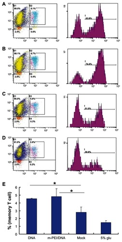 Figure 6 Memory T-cell assay results. (A) The flow cytometry result of the DNA group. (B) The result of the m-PEI/DNA group. (C) The result of the Mock group. (D) The result of 5% glucose. (E) The frequency of triple-positive cells, *P < 0.05.Note: The triple-positive percentage of the m-PEI/DNA group and the DNA group were higher than Mock, *P < 0.05.Abbreviations: DNA, deoxyribonucleic acid; m-PEI/DNA, group primed with complex of mannosylated polyethyleneimine and DNA plasmid and boosted with AdV; Mock, group primed with empty vector pVAX1 and boosted with AdV; glu, glucose; AdV, adenovirus.