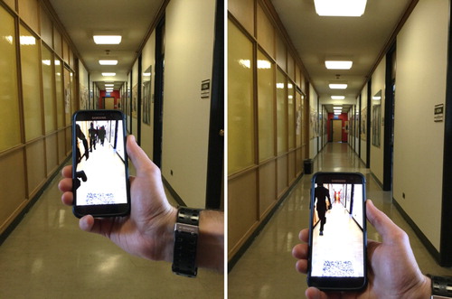 Figure 6. AR allows for situated analysis of virtual human movement in real space. These images depict the application in use, displaying simulated movement of evacuees through one of the 6th floor corridors.