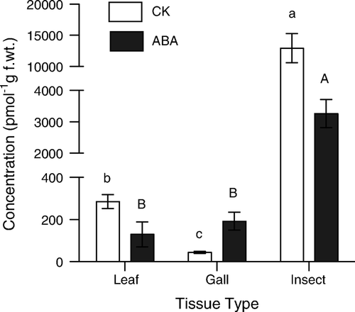 Figure 2.  Differences in concentrations of total CK and ABA recovered from leaves and galls of Celtis occidentalis and larval Pachypsylla celtidis. Vertical bars represent standard error around the mean. Means with the same letter are not statistically different (p<0.05); lower-case letters are used to show relationships among total CK and upper-case letters are used for ABA.