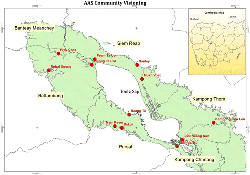 Map 1. Tonle Sap, Cambodia showing the 12 villages in the Tonle Sap lake where CRP AAS engaged.