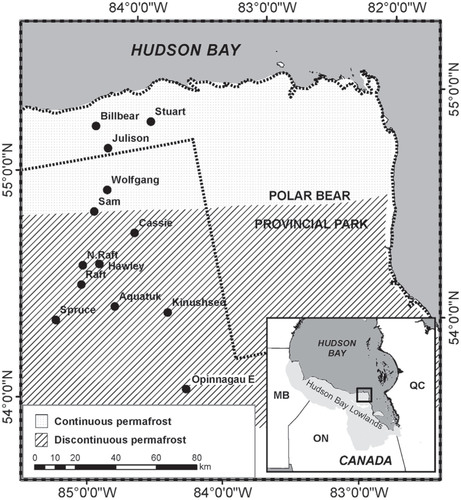 FIGURE 1. Location of the 13 study lakes in the Hudson Bay Lowlands, Ontario, Canada.