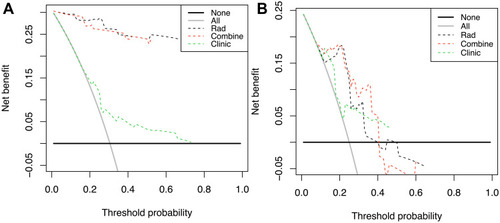 Figure 4 Decision curves of the models for predicting recurrence-free survival. (A) Training cohort; (B) validation cohort.