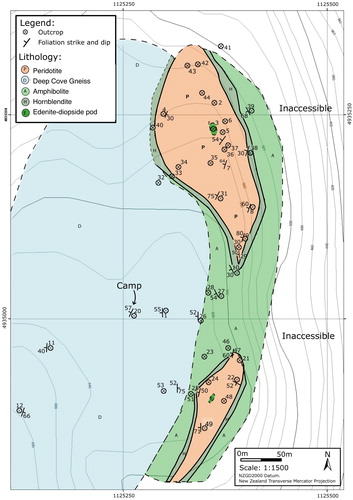 Figure 3. Geological map of the Broughton Arm Peridotite, associated rocks, and sample locations. The quartzofeldspathic gneisses samples for zircon U-Pb are from slightly southwest of the area. This map corresponds to the field of view in Figure 2.