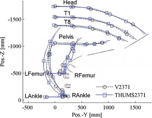 Figure 4. Trajectories in the buck reference frame; markers were displayed at every 30 ms from 0 ms (leg contact) to 120 ms. (The same information for the other 2 simulations can be found in Appendix D, Figure A12.)