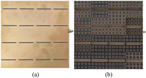 Figure 6. (a) The fabricated reference and (b) proposed slot antenna.