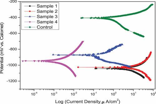 Figure 10. Polarization curves of coated specimens and control in 8% HCl solution