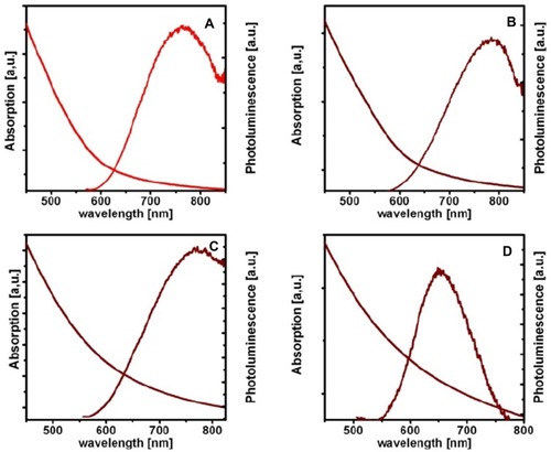 Figure 7 Optical absorption and photoluminescence spectra of differently structured hybrid NPs containing AgInS2/ZnS (A–C), CuInS2/ZnS (D) with the composition SPIO-DX-PEI-QDs-PEI (A–C), SPIO-PEI-QDs (D), SPIO-SiO2-PEI-QDs-PEI (C, D) to allow tuning of the emission wavelength of the resulting hybrid probes.