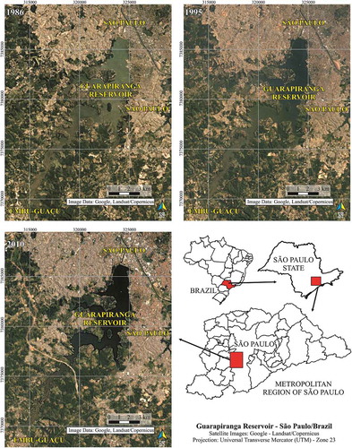 Figure 1. Guarapiranga Reservoir satellite images in 1986, 1995 and 2010. Urbanization took place mainly at the mid-west region of the reservoir.