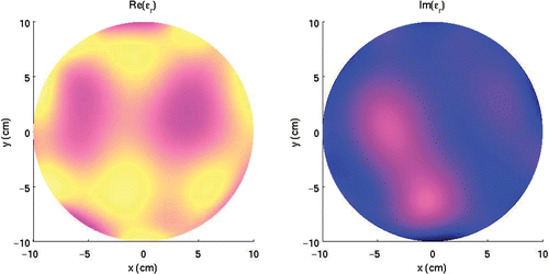 Figure 9. Reconstructed permittivity profile when (xc, yc) = (0, 0) and an adaptation annulus of permittivity ϵr,r = 34 + 3j with an outer radius of Rr = 15.5 cm has been positioned around the soil column. White Gaussian noise with an SNR of 30 dB has been added to the dataset. The profile is obtained after 15 iterations. The colour scale is the same as the one plotted in Figure 3. Available in colour online.