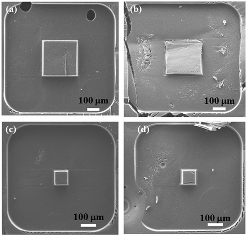 Figure 5. SEM images M2B processed of VACNTs: (a), (b) were carried out at 1,000 RPM tool rotational speed and 1 μm Step Size, Lateral Speed was 1 and 10 mm/min respectively and (c), (d) were carried out at 1,000 RPM tool rotational speed and 1 mm/min Lateral Speed, Step size was 1 and 10 μm respectively.