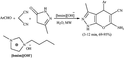 Scheme 127. Synthesis of pyrano[2,3-c] pyrazoles using ([bmim][OH] under microwave irradiation.
