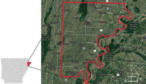 Figure 1. Mississippi County, Arkansas, USA, in this study is identified by the red boundary; background imagery from google earth (https://earth.google.com) with vector data from the database of Global Administrative areas (GADM; https://gadm.org/) and QGIS version 3.16.