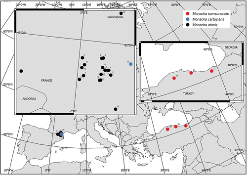 Figure 1. Map of localities of the populations of Monacha atacis, M. samsunensis and M. cartusiana analysed (see Table I for details).