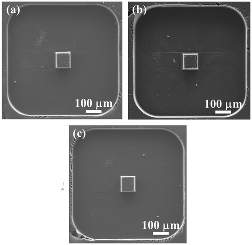 Figure 4. FESEM images show the effect of Rotational Speed on the M2B process of VACNTs: (a), (b) and (c) were carried out at 1 mm/min Lateral Speed and 1 μm Step Size. Tool rotation speed was 1,000 RPM, 1,500 RPM and 2,000 RPM respectively.