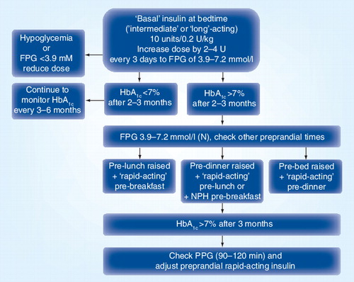 Figure 3. An algorithm for the initiation and intensification of insulin therapy in Type 2 diabetes.FPG: Fasting plasma glucose; HBA1c: Glycosylated hemoglobin; NPH: Neutral protamine Hagedorn insulin; PPG: Postprandial plasma glucose.Adapted with permission from Citation[22]. © 2009 American Diabetes Association.