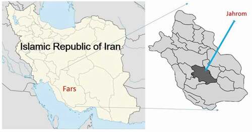 Figure 1. The geographical situation of the area of study, Jahrom, Fars, Iran.