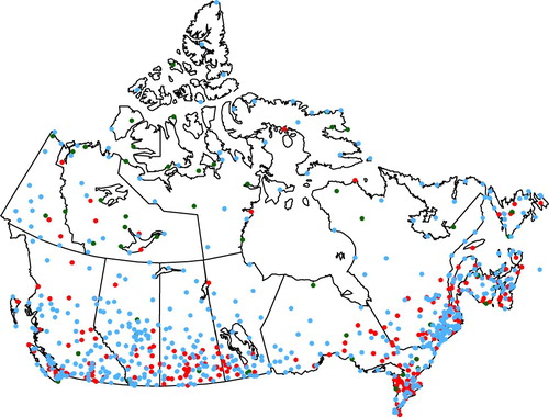Fig. 5 Location of the 780 homogenized data series. There are 508 locations with an active station (current observations) and long record (starting date prior to 1990, blue); 53 locations with an active station and short record (starting date from 1990, green); and 219 locations with no current observations (station closed) but with more than 30 years of data (red).