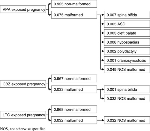 Figure 1.  Decision tree showing the prevalence per specific malformation associated with valproic acid (VPA), carbamazepine (CBZ) and lamotrigine (LTG)Citation5,Citation10,Citation11.