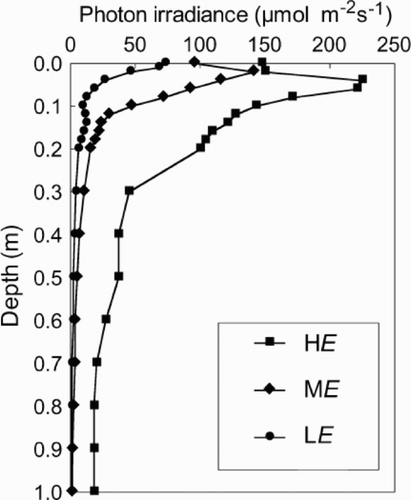 Fig. 1. Vertical irradiance distribution in microcosms under HE (square), ME (diamond) and LE (circle) conditions. The depressed irradiance at the surface of the HE and ME conditions is due to some shading from the top edge of the microcosm.