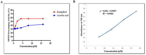 Figure 2 Evaluation of the anti-oxidant potential of KP. (A) Percentage radical scavenging activity of KP and Ascorbic acid as assessed by DPPH assay. (B) The graph depicting the ferric ion-reducing power of KP was assessed through FRAP assay. The X-axis represents concentration(µM), while the Y-axis denotes absorbance(nm). All data are representative of 3 independent experiments (Mean ± SD).